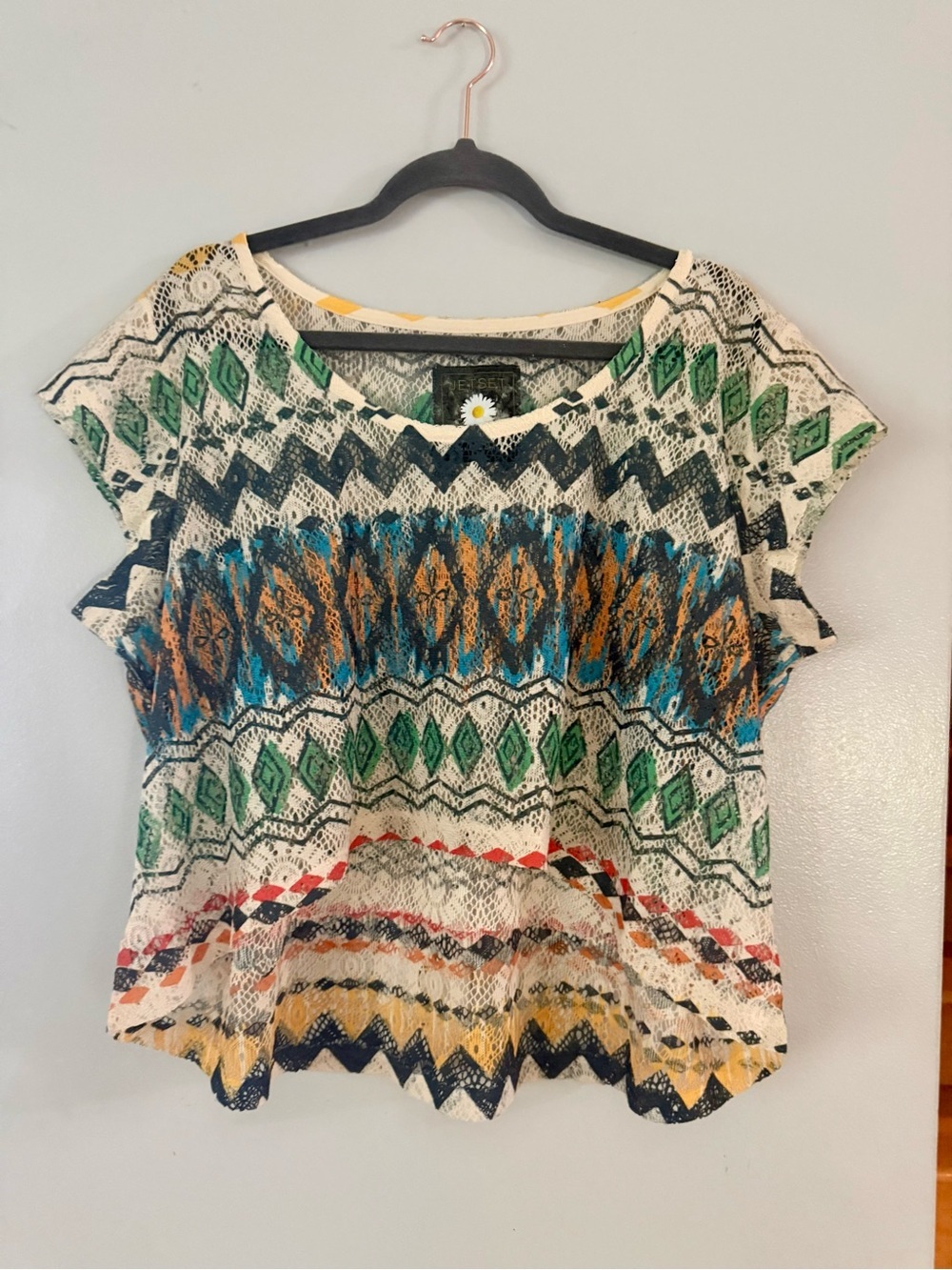 JET SET Bohemian Aztec Tribal Print High-Low Knit Lace Top - Size XL